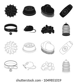 A collar, a forage, a toy, a cage and other products of the zoo store.Pet shop set collection icons in black,outline style vector symbol stock illustration web.