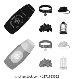 A collar, a forage, a toy, a cage and other products of the zoo store.Pet shop set collection icons in black,monochrome style vector symbol stock illustration web.