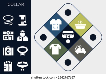 collar icon set. 13 filled collar icons.  Collection Of - Collar, Shirt, Veterinary, Veterinarian, Tie, Scratcher, Cat, Mouse toy icons