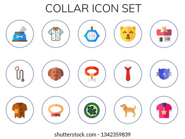 collar icon set. 15 flat collar icons.  Collection Of - dog, leash, shirt, animal carrier, cat, tie, pet shop, pet