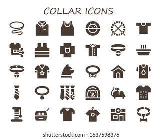 collar icon set. 30 filled collar icons. Included Tie, Shirt, Sport shirt, Hamster ball, Sleeveless shirt, Veterinary, Collar, Cat, Dog house, Mouse toy, Scratcher, Pet icons