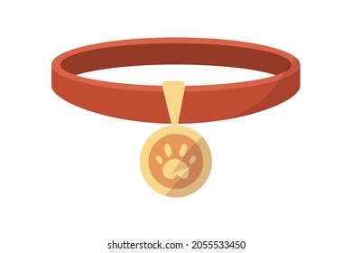 Collar with medal for cats and dogs. Cartoon pets red necklace and golden tag. Isolated kittens or puppies accessory. Metal badge with animal footprint. Vector canine belt template