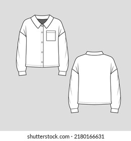 Collar Neck Button panel t shirt top pocket detail Drop Shoulder full open Long Sleeve With Cuffs Fashion blouse flat sketch technical drawing template design vector