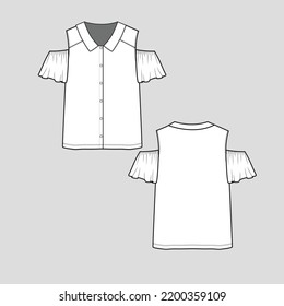 Collar Neck Cold Shoulder  top Button panel Open Shoulder Fashion  flat sketch design template
