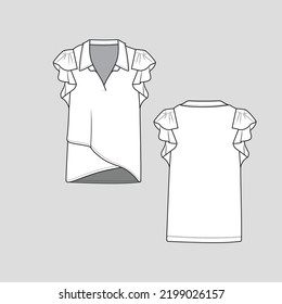 Collar Neck Criss cross Hem Ruffles Sleeve top ruffle t shirt blouse Fashion flat sketch Cad Template