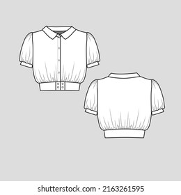 Collar Neck crop top Button panel waist short sleeve gathering detail cropped fashion T shirt blouse top fashion clothing flat sketch technical drawing template design vector