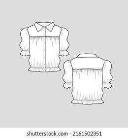 Collar neck Elastic Gathering top Full open button panel gathering ruffles frill hem Cropped Fashion flat sketch outline technical drawing template design vector
