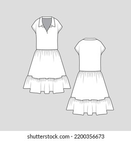 Collar Neck Kimono Sleeve Dress waist Gathering ruffle hem peplum dresses Fashion flat sketch template