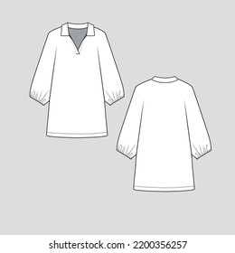 Collar Neck Kimono Sleeve long  top Long Sleeve Gathering hem Fashion design template  flat sketch technical drawing