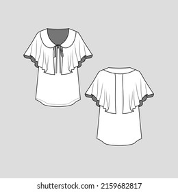 Collar neck knotted ruffles Top Ruffles sleeve tie knot  Collar neck shoulder ruffles fashion flat sketch cad technical drawing template design vetcor