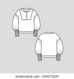 Collar Neck Lantern Sleeve sweatshirt  button panel Long Ribbed Cuffs balloon sleeve drop shoulder Fashion drawing flat sketch template