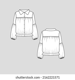 Collar neck Lantern sleeve t shirt Full Open Button Panel elastic gatherings ruffles frill hem detail Long lantern Sleeve Fashion clothing outline flat sketch technical drawing template design