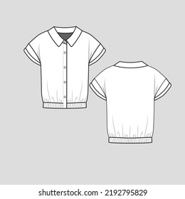 Collar Neck Roll Up Sleeve T shirt full open button panel drop shoulder gathering  hem  fashion design sketch drawing templates