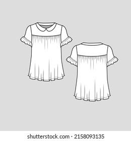 collar neck Ruffles sleeve top collar neck gathering detail short ruffles frill sleeve  fashion flare hem blouse t shirt top flat sketch technical drawing template design vector
