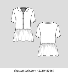 Collar Neck ruffles top button panel placket Short sleeve waist gathering Ruffles hem tunic t shirt blouse fashion flat sketch technical drawing template design vector