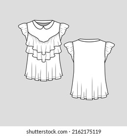 Cuello de cuello de cuello de cuello de cuello superior Rufa de capa delantera Manga de la manga de la manga de la moda Esquema de dibujo plano Diseño de plantilla de dibujo técnico