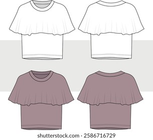 Collar Neck ruffles t-shirt, ruffles sleeve  Fashion drawing flat sketch template vector, illustration,  cad, mockup.