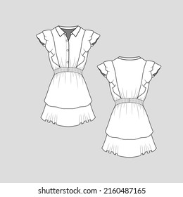 Collar Neck Smocking Ruffles Sleeve dress button panel waist smocking gathering detail layered ruffles hem t shirt blouse dress fashion flat sketch technical drawing template design vector