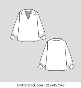 Collar Neck t shirt Long gathering Sleeve with cuffs  Fashion flat sketch template drawing design