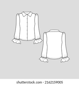Collar neck top  full open button panel Long puff sleeve Elastic gathering ruffles frill Sleeve hem Fashion clothing outline flat sketch technical drawing template design
