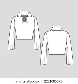 Collar Notch v neck knotted Top long bell Sleeve hem fashion flat sketch technical drawing template design vector