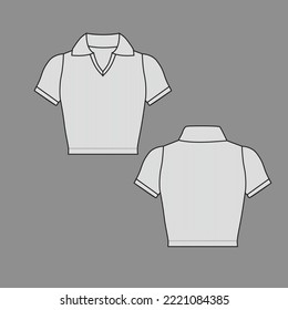 Collar notch V Neck Ribbed Crop Top Short Sleeve  fashion design flat sketch technical drawing template vector