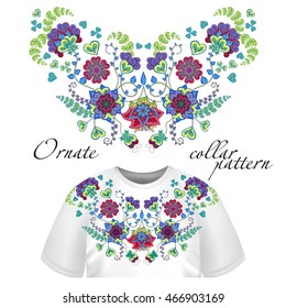 Collar pattern on t-shirt mockup. Floral pattern on collar, neck print. Abstract hand drawing flowers ornament. Vector illustration. Colorful bright