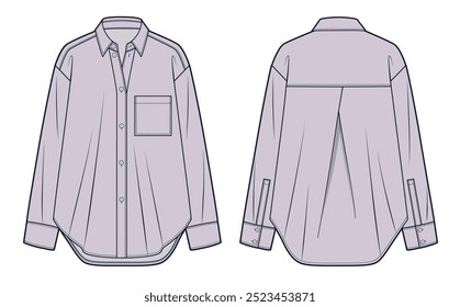 Collar Shirt technical fashion Illustration. Classic Shirt fashion flat technical drawing template, button, pocket, front and back view, oversize, lilac, women, men, unisex CAD mockup.