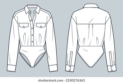 Collar Camisa moda técnica Ilustração. Camisa Bodysuit moda plana modelo de desenho técnico, botão colarinho para baixo, manga de manguito, vista frontal e traseira, branco, mulheres, homens, maquete CAD unissex.