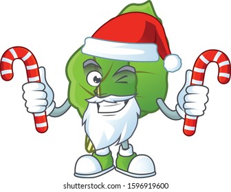 Collard greens Cartoon character in Santa Claus with candy