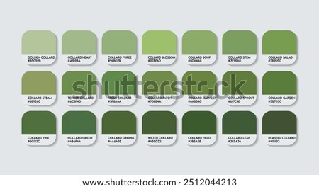 Collard Greens Colors Palette, Collard Green Color Guide Palette with Color Names. Catalog Samples of Green colors with RGB HEX codes. plastic, paint, natural Green colour, Fashion Trend Collard Green