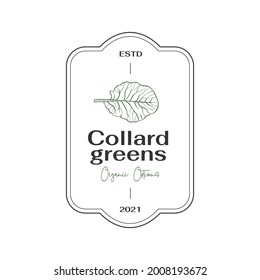 Collard greens food logo template. Hand drawn illustrations for for restaurant, bar, vegan, healthy and organic food, market, farmers market, cooking school, food truck, delivery service.