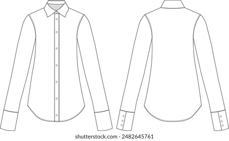 collared buttoned long sleeve Long, Shirt, top Tunic Technical Drawing, Flat, Sketch, Fashion, Template, Woman
