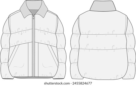 Collared Nylon Puffer Jacket Vector Design Flat Illustration Template Front Back