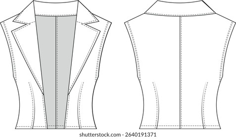collared open fronted darted tailored sleeveless fit vest waistcoat jacket template technical drawing flat sketch cad mockup fashion woman design style model 