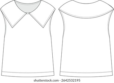 colarado pescoço redondo sem mangas solta blusa escamosa top template técnico desenho plano cad maquete moda mulher design estilo modelo 