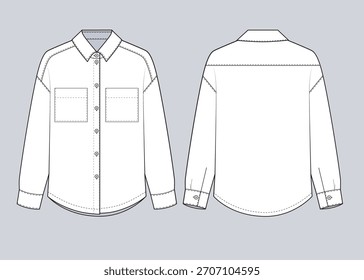 Camisa con cuello de manga larga plana dibujando bocetos Vector. Diseño frontal con 2 bolsillos de parche. 