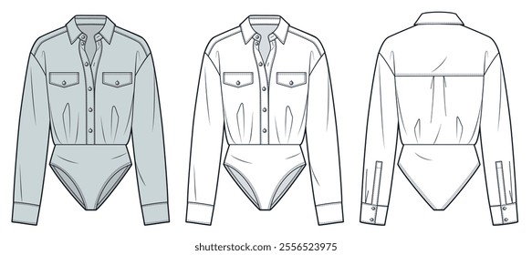 Collared Shirt technical fashion Illustration. Button Up Bodysuit fashion flat technical drawing template, cuff long sleeve, front and back view, white, blue, women, men, unisex CAD mockup set.