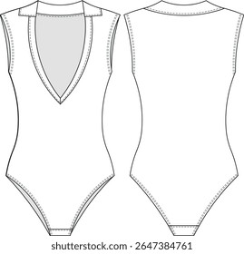 collared v neck sleeveless fit bodycon sport bodysuit activewear sportswear template technical drawing flat sketch cad mockup fashion woman design style model 