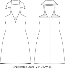 cuello en v sin mangas corto una línea de la plantilla de vestido dibujo técnico plano sketch tarjeta de maqueta de moda mujer diseño estilo modelo