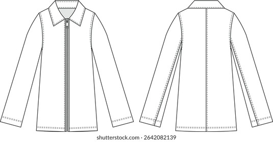collared zippered long sleeve straight jacket coat trenchcoat template technical drawing flat sketch cad mockup fashion woman design style model 