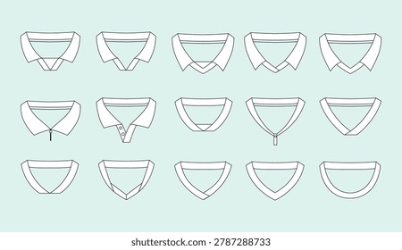Collars shirt vector illustration set featuring various neckline styles for fashion design and apparel clothing templates