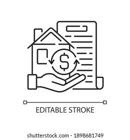 Collateral linear icon. Security for loan repayment. Real estate, assets form. Valuable property. Thin line customizable illustration. Contour symbol. Vector isolated outline drawing. Editable stroke