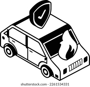 Seguro de protección colateral concepto isométrico negro, vista frontal del automóvil con ilustración de material Escudo, Coche al ser capturado por diseño de icono del vector de incendios, símbolo de protección contra pérdidas financieras, 