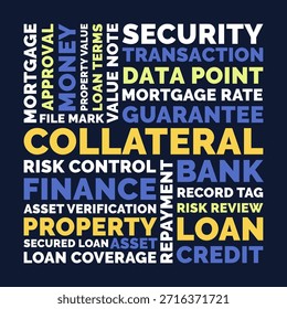 Colateral Word Cloud, Finanças Empréstimo Security Tag Cloud. Tipografia de Investimento Bancário em Azul Amarelo