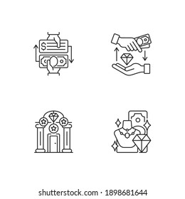 Collateral-based loans linear icons set. Pawnbroker. Collateral. Pawn symbol. Extension. Customizable thin line contour symbols. Isolated vector outline illustrations. Editable stroke
