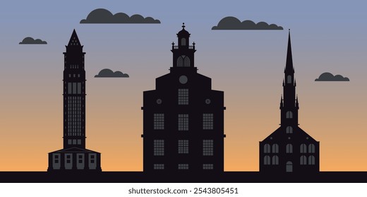 Collation of black ancient temples on the background of sky and gray clouds. Vector
