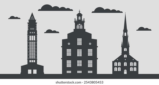 Collation of black ancient temples on the background of sky and gray clouds. Vector