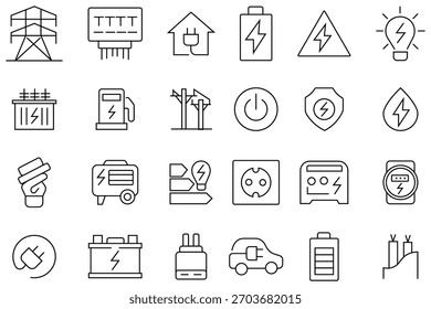 Agrupamento do conjunto de ícones da linha de carregamento. Contendo como bateria, energia, recarga, carro elétrico, eletricidade, carregador, tomada elétrica, e-car e muito mais. Ícones relacionados à eletricidade com vários símbolos. 