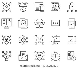 Sortierung von Zugriffssymbolen für die Cybersicherheit. Enthalten als Privatsphäre, Datenschutz, Verschlüsselung, Sicherheit, Versicherung, Schloss, Wache, Detektor, Sensor und mehr. Benutzer, Vektor für die Betrugserkennung und -verhütung. 
